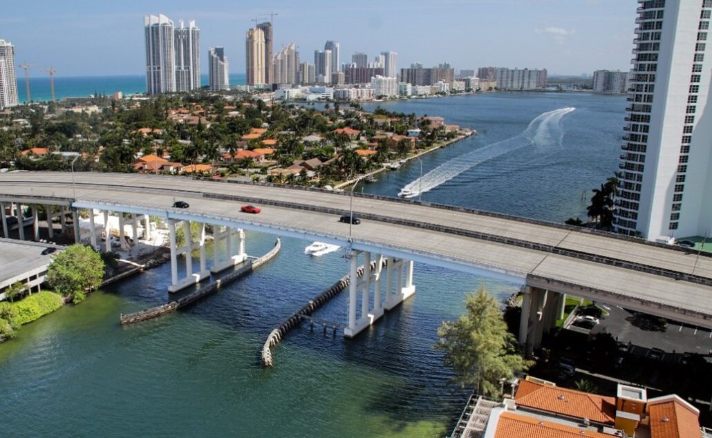 Miami Beach—boats traveling under the causeway