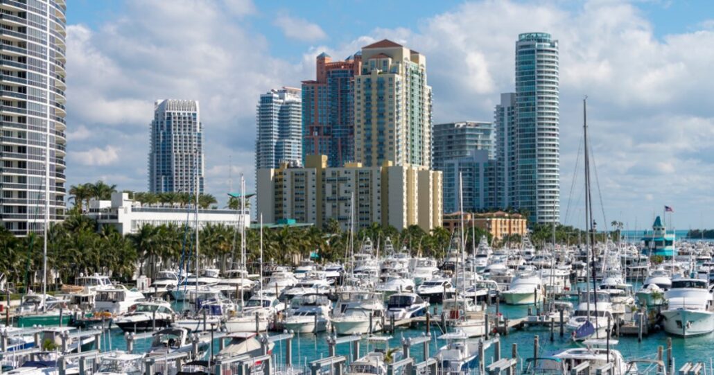 Miami marina with powerboats and sailboats-high demand for boat repair in Miami