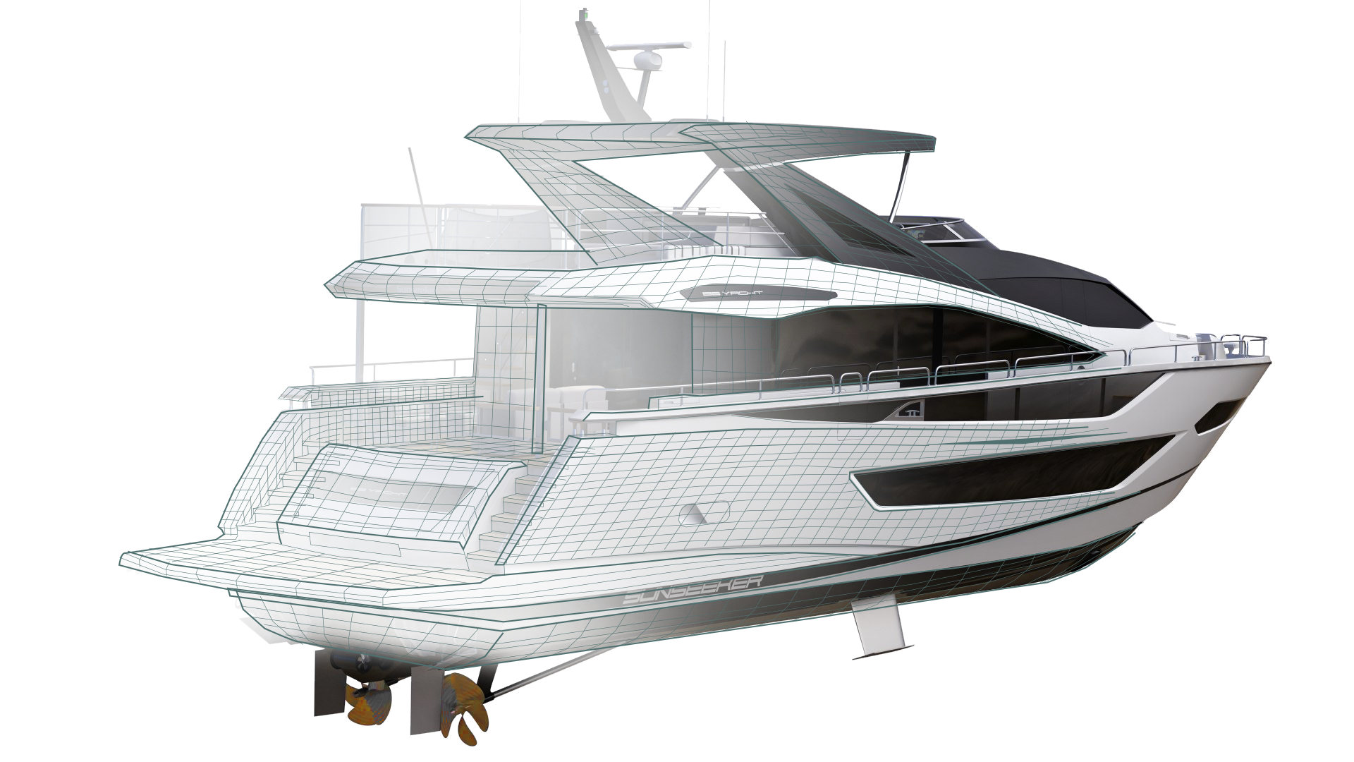 Yacht 3D rendering with wire frame