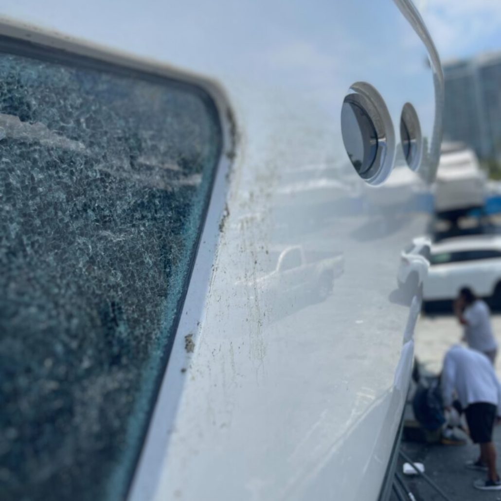 Princess 62-foot damaged window area and surrounding hull finish before work