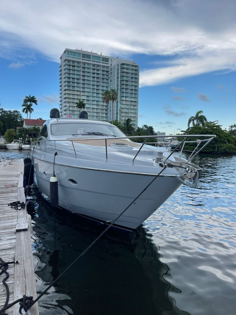 Pershing 64 at the dock after its Awlcraft painting project