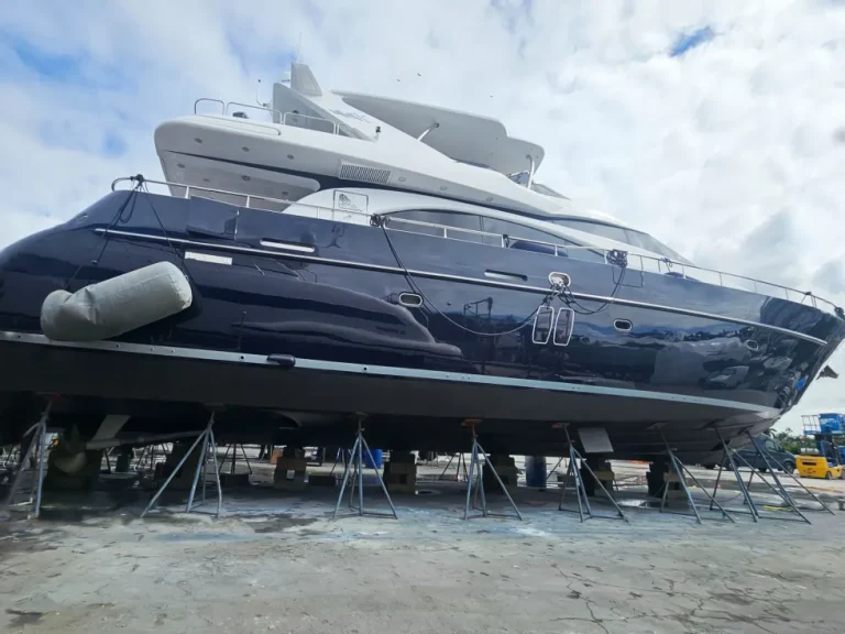 Blue Azimut after Awlgrip hull painting in Fort Lauderdale