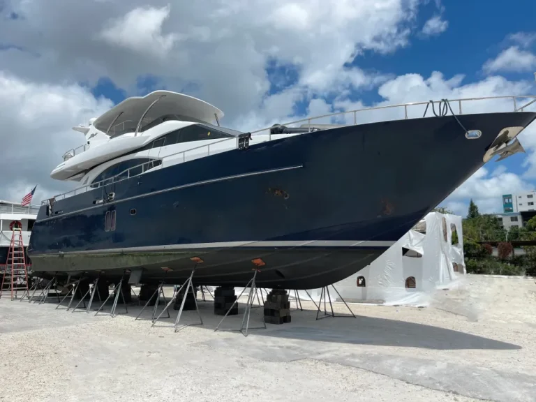 Blue Azimut before hull painting in Fort Lauderdale