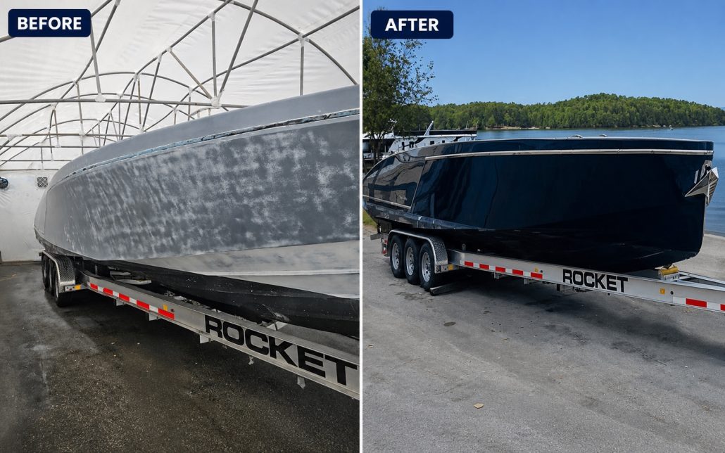 Frauscher 33′ hull before and after dark-blue refinishing
