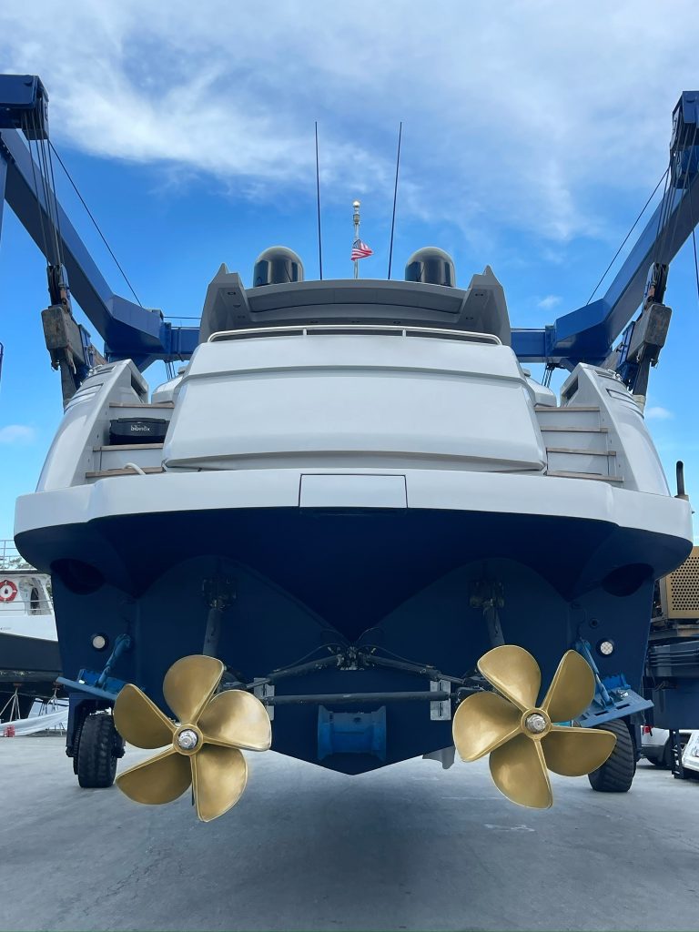 Pershing 64 stern exterior and running gear at the travel lift